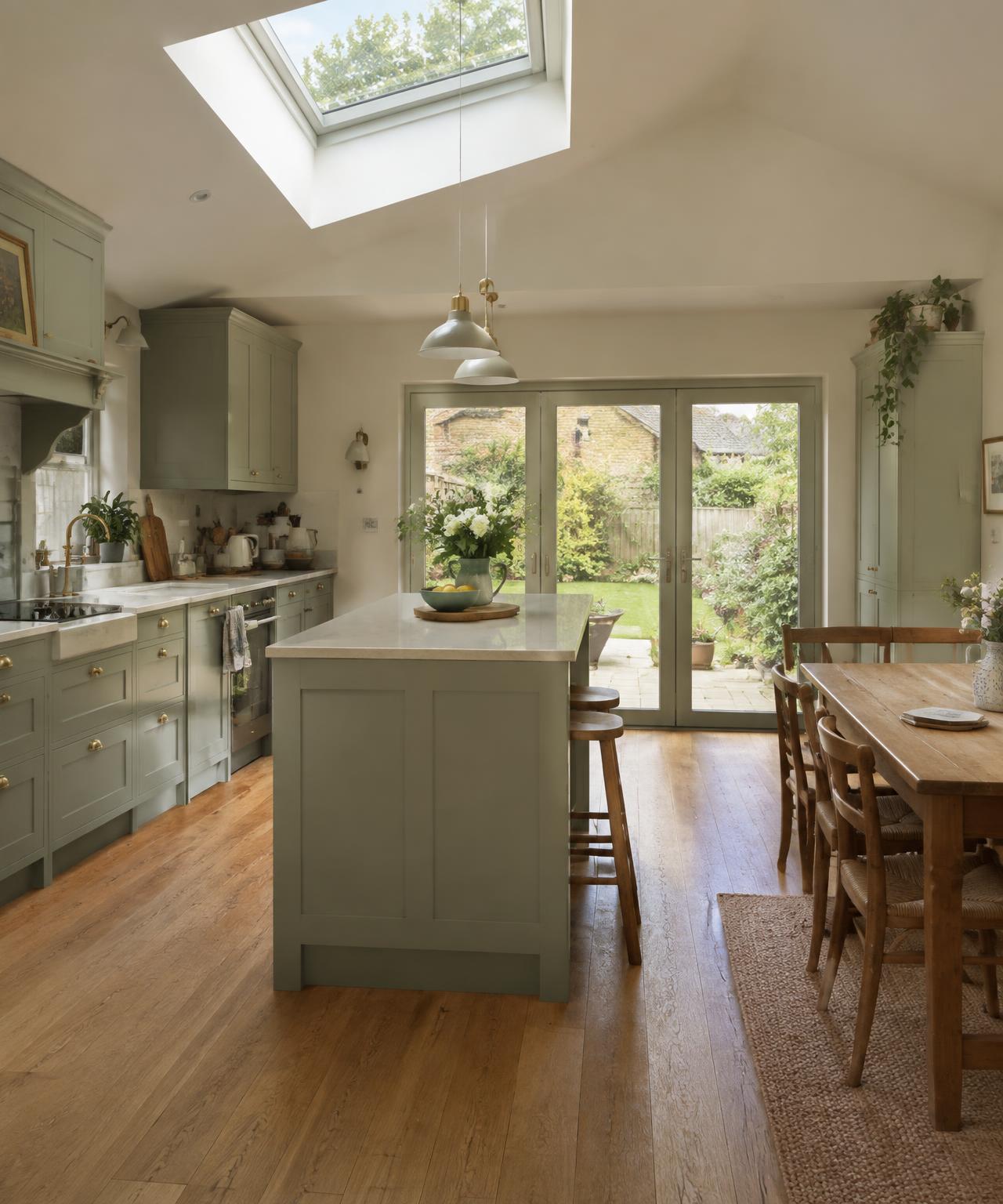 A bright, finished kitchen extension opening onto a garden