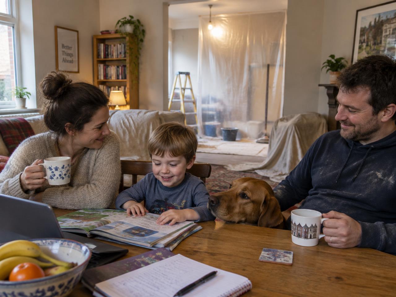 A family at the kitchen table while building work goes on behind dust sheets